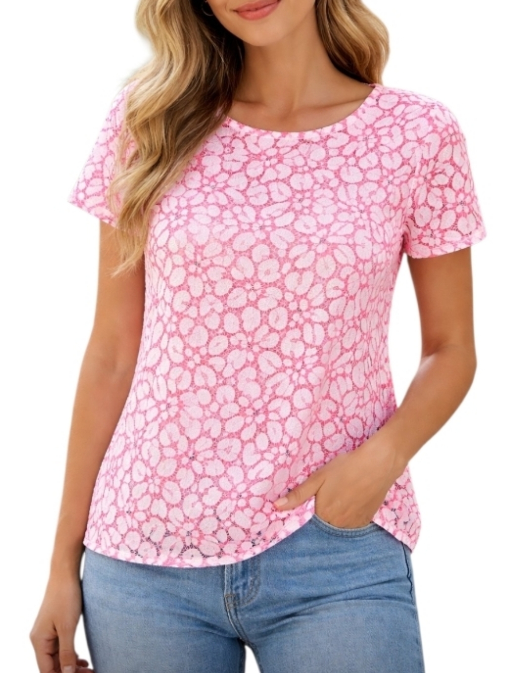 Lilly Pulitzer Pink Floral Lace-Pattern Short Sleeve Top